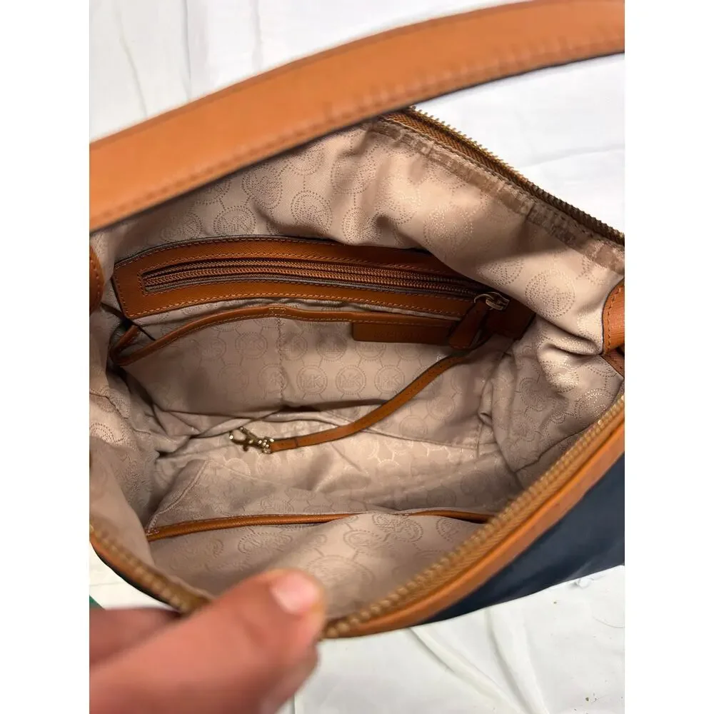 Michael Kors Navy Blue Nylon & Tan Leather Kelsey Shoulder Hobo Bag